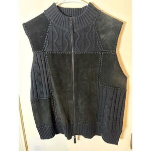 Designers Studio Originals Black Suede Leather Patchwork Knit Sweater Vest Large